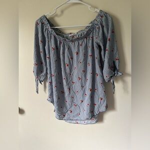 a'gaci Off-Shoulder Blue Striped Blouse with Red Floral Design